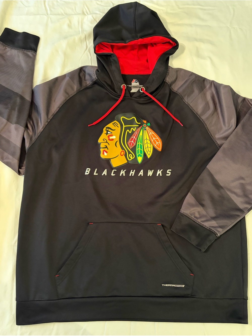 Majestic Chicago Blackhawks Hoodie w/ Red Hood Lining and Gray Patterned Sleeves